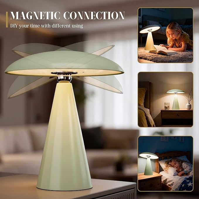 Mushroom Aesthetic Cute Lamp,Magnetic Mid Century Modern Lamp with 3-Mode Lighting for Unique Home Mushroom Decor,Cordless USB-C Rechargeable Lamps for Bedside/Dorm/Office Decor(Avocado Green)