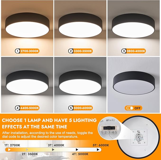 Modern Dimmable Round Black LED Large Flush Mount Ceiling Light Fixture, Mounted Ceiling Lamp Lighting Fixtures,5CCT 2700-6000K for Kitchen Master Bedroom Living Room,36W 15.74 Inch