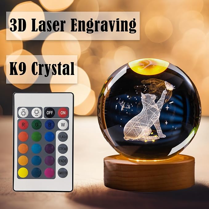 3D Cat Crystal Ball 3.15" with LED Lamp Colorful Wooden Base Night Light with Removable Glow Ball Color Changing Light with Remote as a Crystal Light for Boy Friends (6-Cat, 3.15" (Inch))