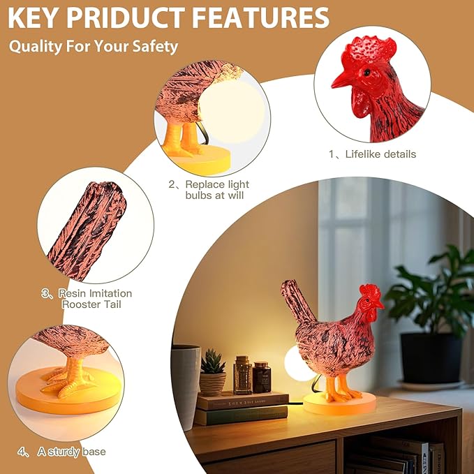 Chicken Egg Lamp, Funny Chicken Butt Night Light with Egg, Lifelike Rooster Lamp with Bulb, 3D Chicken Lights for Easter, Christmas, Birthdays Various Festivals Gift - Yellow