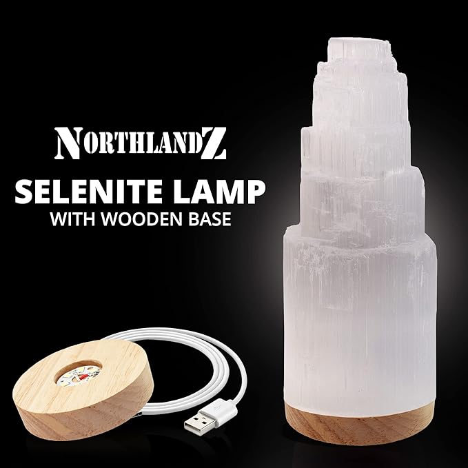 Selenite Crystal Lamp 20cm, Hand Crafted Wooden Base Moroccan Lamp, Selenite Lamp for Smudging, Healing & Meditation, Best for Gift (ETL Certified)