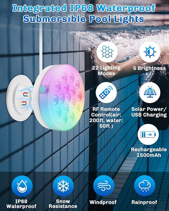 Solar Pool Lights for Inground Pools, Upgraded USB Rechargeable IP68 Waterproof Underwater Light, 4.55 Inch 22 Colors Changing Outdoor Solar Lights with Magnet for Above Ground Pools 5 Pack