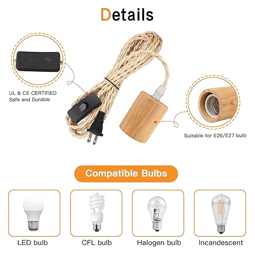 15FT Wood Pendant Light Cord Kit, Swag Hanging Lamp Kit with Plug In & Switch, Hanging Lights DIY Farmhouse Industrial E26 Socket Pendant Light Fixtures Vintage 15ft Twisted Cloth Covered Wire