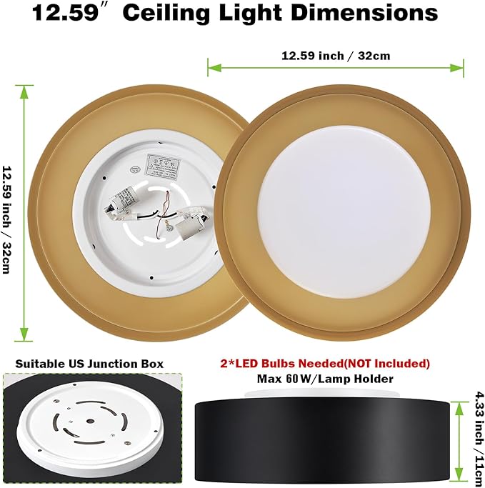 Modern Black and Gold Flush Mount Ceiling Lights, Glass Round Ceiling Lighting, Minimalist Drum Close to Ceiling Light Fixtures for Bedroom, Dining Room, Bathroom, Hallways, Living Room