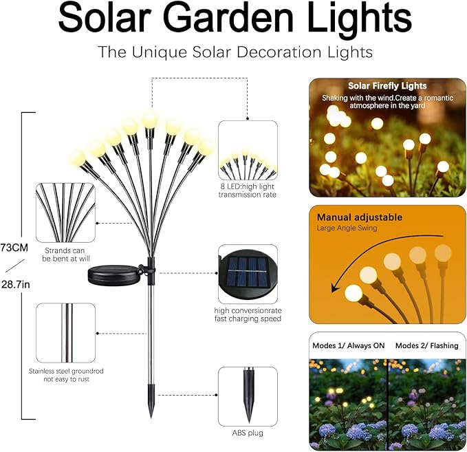 Flickering Solar Lights Outdoor, Firefly Fairy Lights Waterproof, 2Pack Warm White 16LED Solar Flowers for Garden, Yard, Decorative Landscape