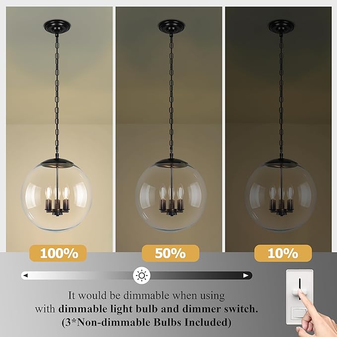 KoKo&Yukina 13.7" Black Globe Pendant Light Mid Century Pendant Light Clear Glass Pendant Lights Kitchen Island Adjustable Hanging Light Fixture for Dining Room Bedroom Kitchen Island