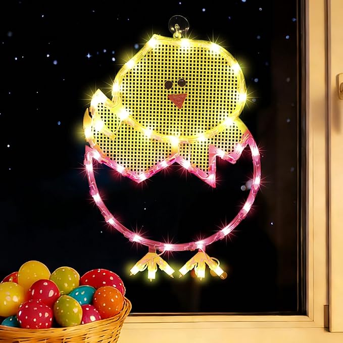 17" 40LED Lighted Cartoon Chick Easter Decor, Warm Glow for Window/Mantel, 120V Plug-in, UL Certified, Sturdy Gift Box Packed