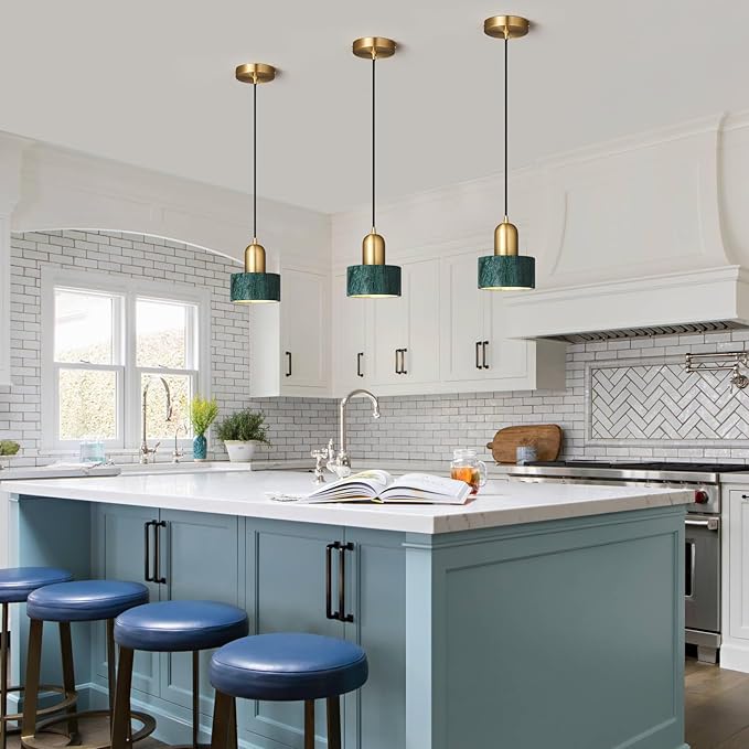 Natural Stone Pendant Lights Kitchen Island, Dark Green Brass Pendant Light Fixtures, Pendant lamp Marble Cylinder Shade Copper, for Bedroom Bathroom Dining Room Living Room(1-Pack)