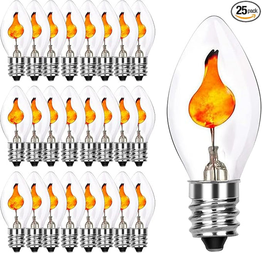 Halloween Flicker Flame Light Bulbs, C7 Clear Replacement Bulbs Dances with Orange Flame, Great for Halloween Party Outdoor Indoor String Light, E12 Candlestick Base, 25 Pack