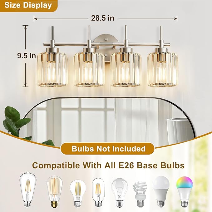 Crystal Bathroom Vanity Lights, 4 Light Bath Mirror Light Brushed Nickel Round Crystal Wall Mount Light Fixture Over Mirror Morden for Living Room