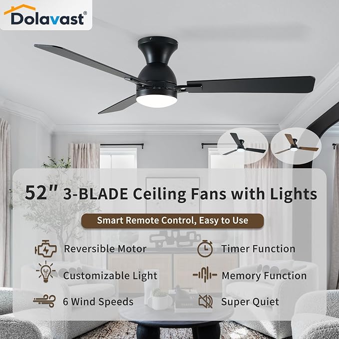 Ceiling Fans with Lights, 52 inch Low Profile Ceiling Fan with Light and Remote Control, Flush Mount, Reversible, 3CCT, Dimmable LED, Noiseless, Black Ceiling Fan for Bedroom, Living Room
