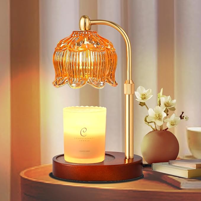Adjustable Flower Candle Warmer Lamp with Timer, Lotus Tulip Glass Warmer Light for Jar Candles, Electric Wax Warming Melter, Gifts for Women Mom, Vintage Bedroom Decor (Amber)