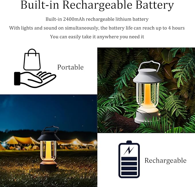 Retro RGB Portable Night Light with Bluetooth Speaker, Constant Light and Fantasy Color Two Modes, Romantic Atmosphere Lamp, Vintage Camping Light with Handle (Black)