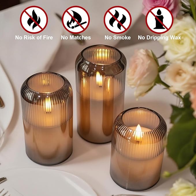 DRomance Glass Flameless Candles with Remote and Timer Battery Operated 3 Pack Real Wax Striped Gray LED Flickering Pillar Candles Dinner Wedding Halloween Christmas Holiday Decor(3" D x 4",5",6" H)