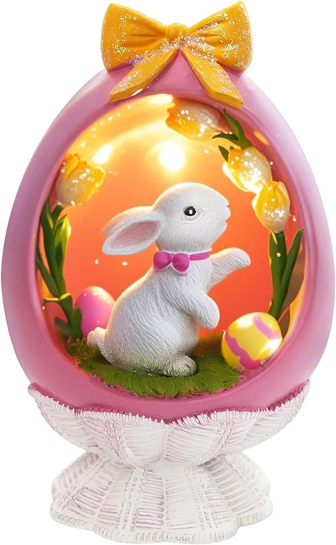 Pink Easter Bunny Figurine with LED, Resin Rabbit Figurines Easter Bunny Statue Spring Rabbit Desktop Decoration for Spring Home Room Party Decoration