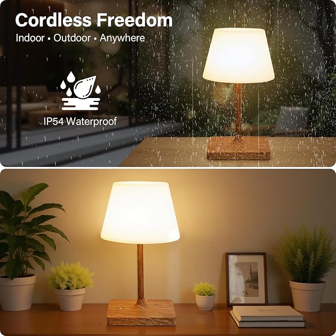 Cordless Table Lamp Waterproof,4000mAh Battery Rechargeable Desk Lamp for Indoor & Outdoor Use,3 Color-temps & Dimmable LED Night Light for Shower Bedroom Restaurant Bathroom Home 10.8"H- Wood Grain
