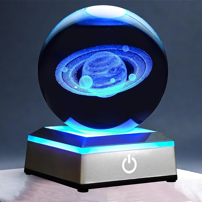 3D Saturn Crystal Ball Night Light with LED Colorful Lighting Touch Base 3.15 In Galaxy Planets Glass Ball Lamp Paperweight Saturn Astronomy Gift Decor for Boys Girls Kids Birthday Christmas