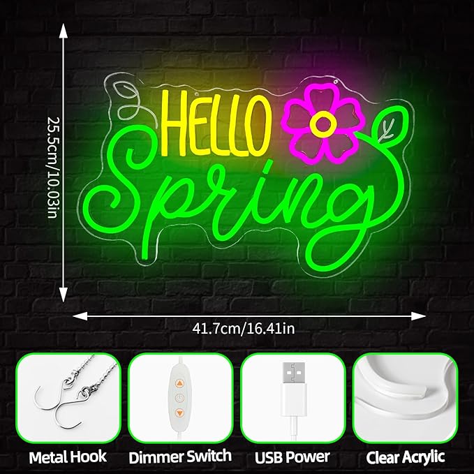 Hello Spring Neon Sign Daisy Flower Led Signs Dimmable Hello Spring Sign Springs Welcome Neon Lights Easter Decorations for Home Office Classroom Party
