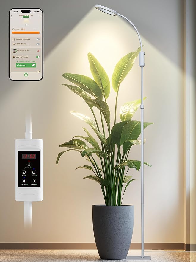 Smart Grow Lights for Indoor Plants,24W Plant Light with Auto-Timer,Full Spectrum LED Grow Light, Adjustable Height & Stepless Dimming,Plant Assistant Suitable for Most Plants (White, 24W)
