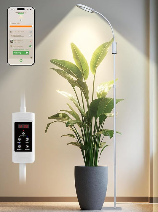 Smart Grow Lights for Indoor Plants,24W Plant Light with Auto-Timer,Full Spectrum LED Grow Light, Adjustable Height & Stepless Dimming,Plant Assistant Suitable for Most Plants (White, 24W)