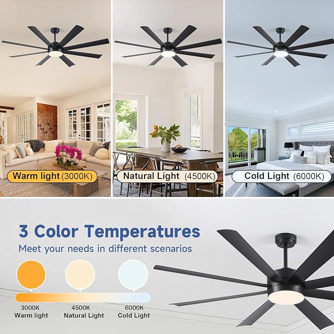 72 Inch Ceiling Fans with Lights, Ceiling Fans with Lights and Remote, Dimmable, Indoor/Outdoor Black Modern Ceiling Fan for Kitchen Living Room Patio, Shop Industrial, Dual Finish 8 Blades