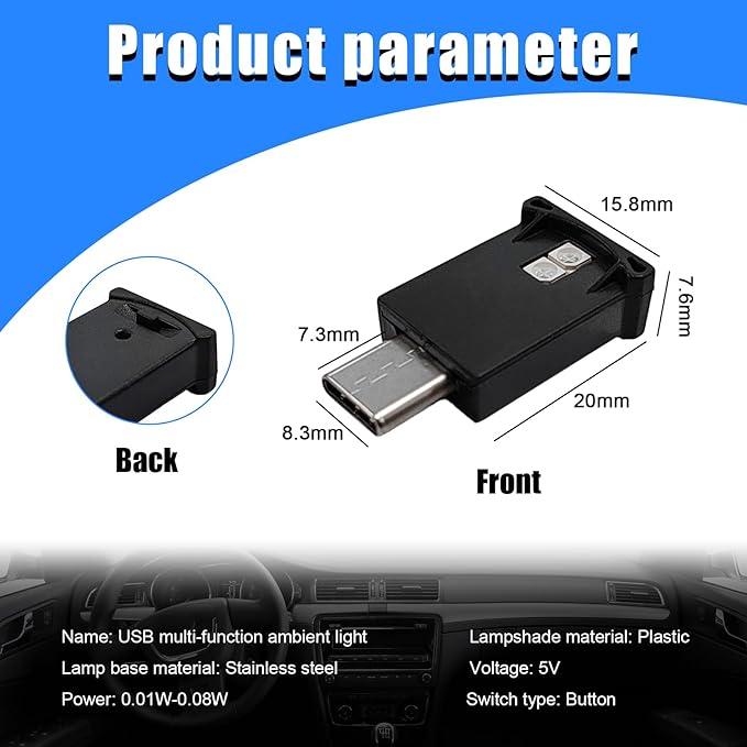 2 PCS USB Type C LED Ambient Light, 8 Colors RGB Dynamic Gradient Brightness Interior Atmosphere Lamp, Mini Adjustable Car Accessories Replace Lighting Parts for Home Laptop