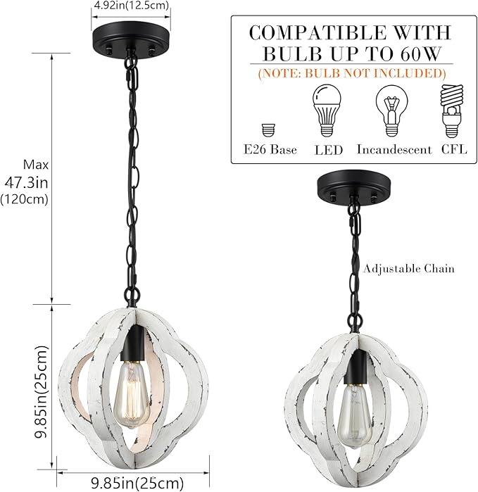 SAMTEEN Farmhouse Wooden Pendant Light Distressed White Wood Chandelier Lighting Modern Wooden Pendant Light Fixtures for Kitchen Island Dining Room Bedroom
