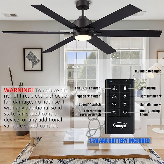 60 Inch Ceiling Fan with Light and Remote, Farmhouse Large Industrial Ceiling Fan for Living Room, Dining Room, Reversible DC Motor, 6 Speed, Black Bronze