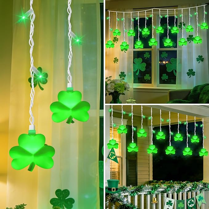 25 LED Green Shamrock Icicle Lights, 6.75FT St. Patricks Day Lights Curtain String Lights with 10 Shamrock & 25 LED Light for Lucky Clover St Patrick's Decorations Indoor Home Window Proch Party Decor