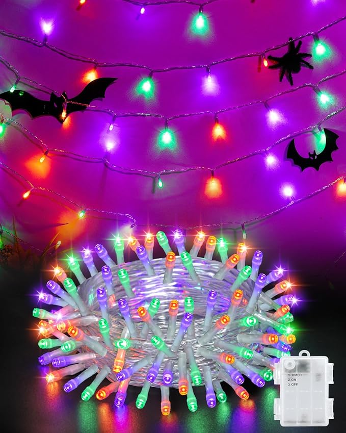 Halloween String Lights Battery Operated, Orange Purple and Green Lights with Timer Waterproof 16.4ft 50 LED Halloween Decorations for Outdoor Indoor Patio Party Garden Yard Decor