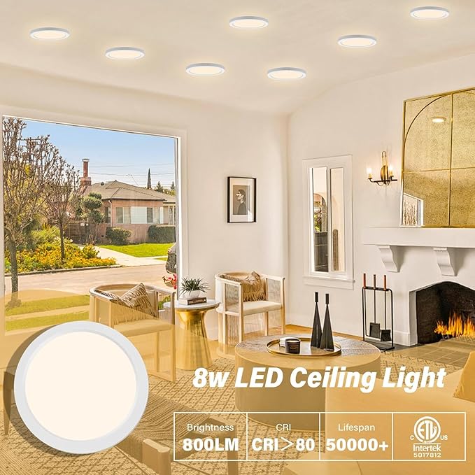 Flush Mount Ceiling Light Fixture - ETL Certified - 5 Inch Dimmable 3000K Warm White LED, 0.63'' Ultra Thin Round Design for Bedroom, Bathroom, Kitchen, Hallway, Basement, Closet (9-Pack)‌