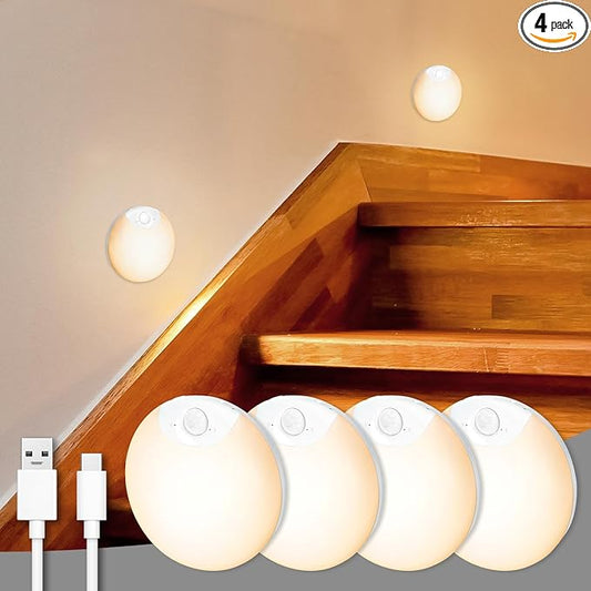 Rechargeable Night Light Motion Sensor Stair Lights Indoor Wireless, Battery Operated, Magnetic, Dimmable, for Stairway, Hall, Bathroom, 4-Pack