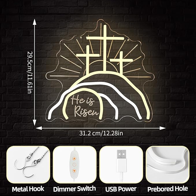 Empty Tomb Easter Neon Sign Dimmable He Is Risen Led Sign Christian Resurrection Cross Neon Lights Calvary Light Up Jesus Nativity Scene Religious Wall Decor