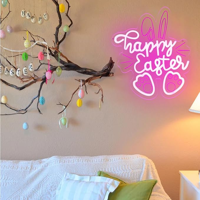 Easter Neon Sign for Wall Decor Rabbit Happy Easter LED Neon Light Window USB Powered for Wall Room Gift Party Decoration
