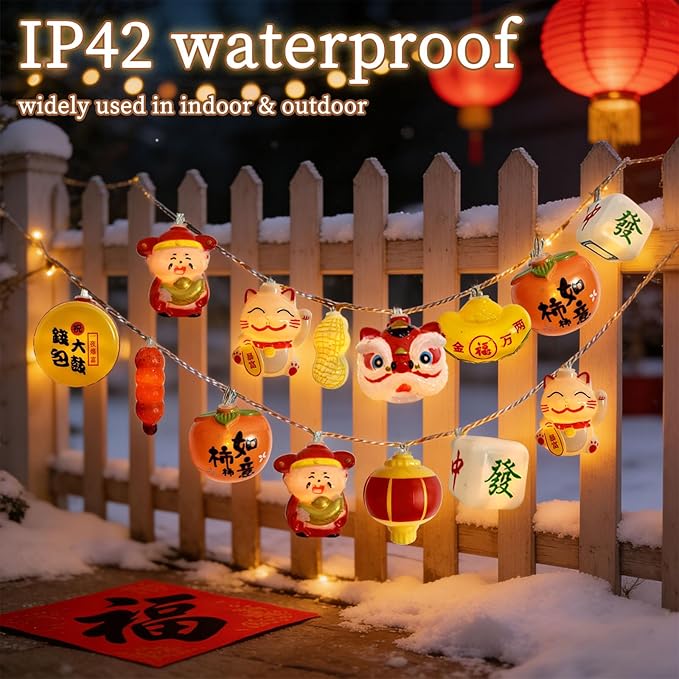 Chinese New Year LED Lights 10FT 20LED Spring Festival String Lights 2026 Chinese Lunar Decorations with 10 Lucky 3D Patterns Battery Operated 2 Lighting Modes for Chinese New Year Housewarming Decor