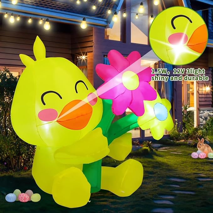 COMIN 5.2 FT Tall Easter Inflatables Chick take Flower Outdoor Decorations Blow Up Yard with Built-in LEDs for Indoor Party Garden Lawn Decor