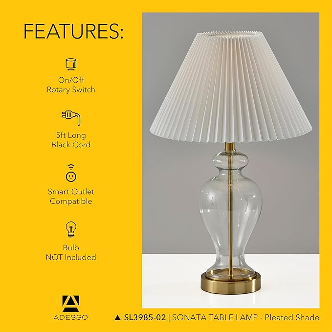 Adesso Table Lamp with Glass Base, Brass Accents, and Pleated White Fabric Lampshade – Bedside Table, Home Office Lighting, or Living Room Decor, 26” x 15”