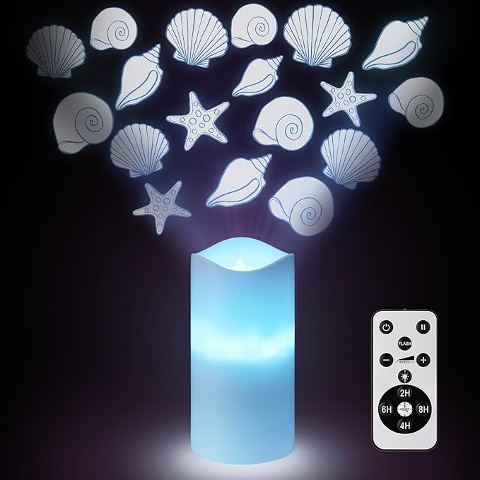 Coastal Ocean Flameless Candle Projector Light Decor Summer Seashell LED Candle Battery Operated Night Light with Remote Timer for Wedding Seaside Beach Coastal Bachelorette Birthday Room Decoration