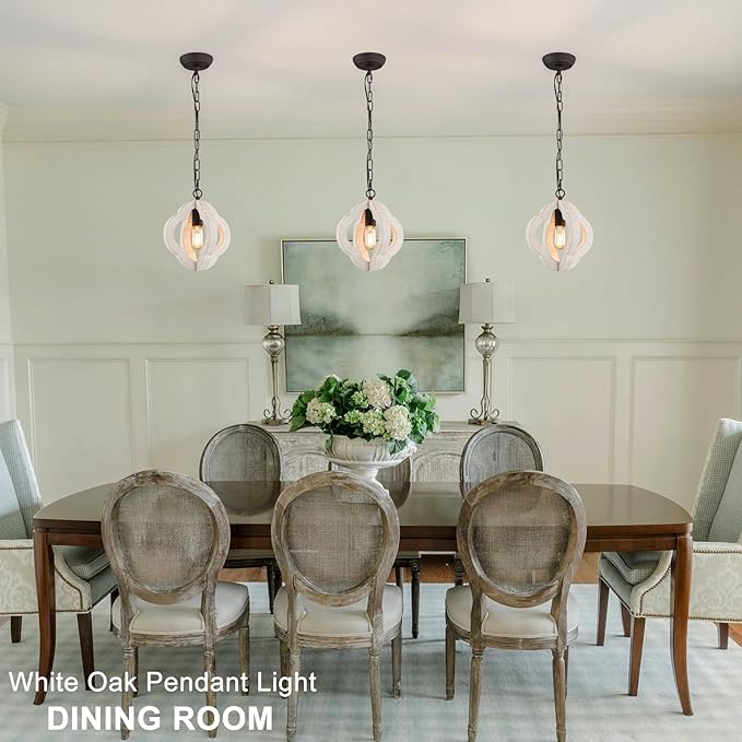9.84" Modern Farmhouse Wood Pendant Lights Kitchen Island Orb Distressed White Oak Pendant Light Rustic Ceiling Hanging Light for Kitchen Sink Dining Room Hallway Entryway Foyer Adjustable Chain E26