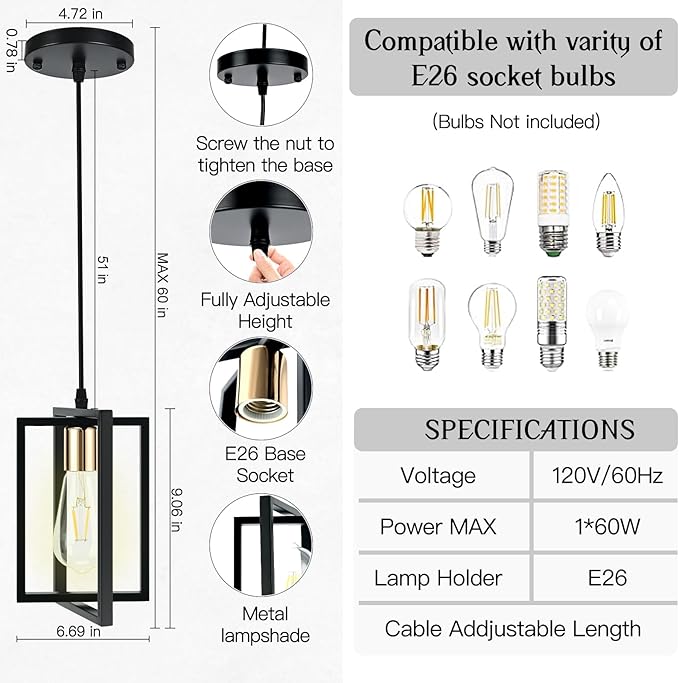 Black Pendant Lights Kitchen Island, Industrial Hanging Light Fixture with Durable Metal Shades, 1 Pack Kitchen Island Lighting for Dining Table, Entryway, Restaurant