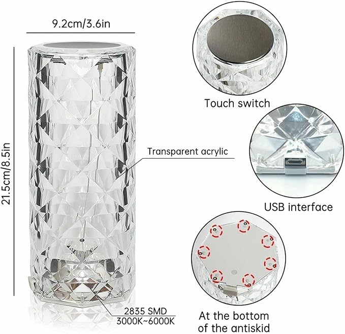 Crystal Table Lamp,RGB Rose Diamond Touch Lamps (2PACK) Color Changing Night Light for Bedroom/Living Room/Party Dinner Decor Creative Lights Housewarming (Remote & Touch