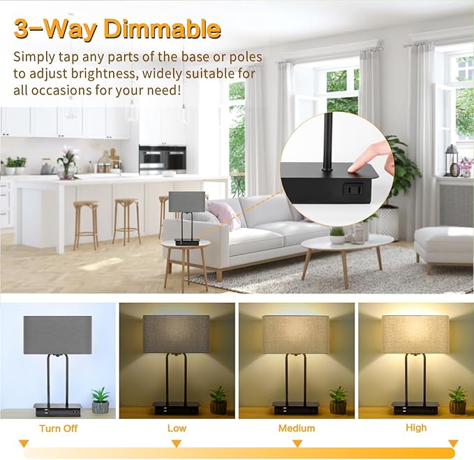 16.1'' 3-Way Dimmable Touch Control Table Lamp with USB Ports and AC Power Outlet Modern Bedside Nightstand Lamp Fabric Shade and Metal Base for Bedroom Living Room LED Bulb Included Warm White