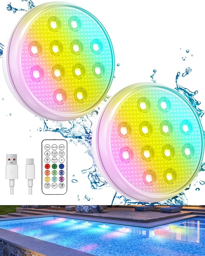 Pool Lights, 2024 Upgraded Rechargeable Submersible LED Lights with Remote, 16 Colors IP68 Waterproof Underwater Light for Inground Pool Above Ground, Aquarium, Hot Tub