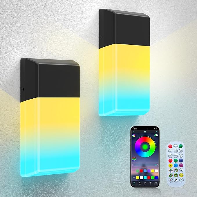 Outdoor Wall Lights, 1500LM RGBCW Smart LED Porch Lamp Sconces, IP65 Waterproof Exterior Lighting Fixtures, Modern Decor for Garage, House, Patio, Garden, Yard, Party (one Pack)
