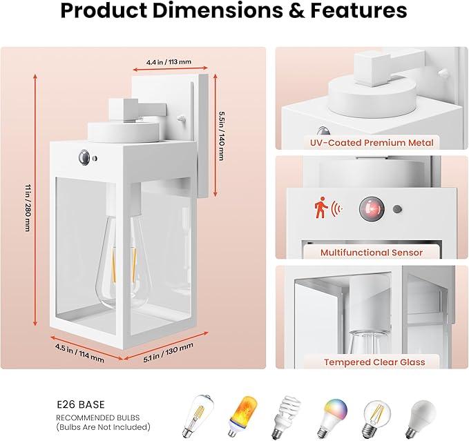 Gleamz 2-Pack White Motion Sensor Outdoor Light Fixtures Wall Mount, H11'' Modern Dusk to Dawn Exterior Wall Lantern for House Front Porch, Waterproof Outdoor Sconce Lights for Garage, Coach