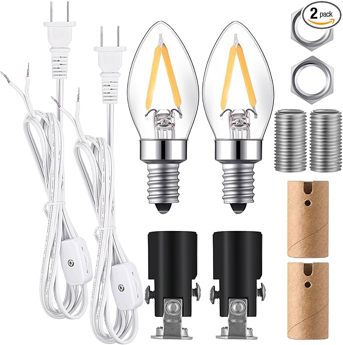 Baquler 2 Pack Small Christmas Tree Wiring Kit, with 1.5 Watt LED Bulb, Ceramic Christmas Tree Replacement Lights, E12 Candelabra Base, Lamp Wiring Kit Nice for Lighting Desk Lamp and DIY Projects