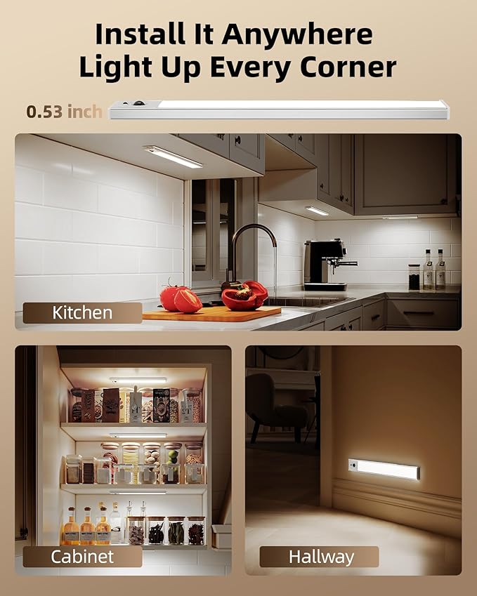 EZVALO 5-Pack Under Cabinet Lighting, 3200mAh Rechargeable Motion Sensor Light, 12inch Magnetic Closet Lights with Dimmable & 3 Color Temps, Wireless Motion Activated Lights with Remote for Kitchen
