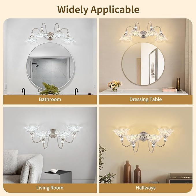 Brushed Nickel Bathroom Vanity Light, 4-Light Vanity Light with Floral Clear Glass Shades, Brushed Nickel Wall Mount Lighting for Bathroom, Dressing Table