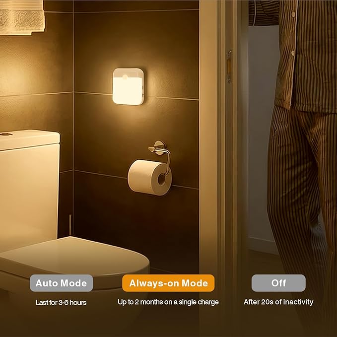 4 Pack Motion Sensor Light Indoor, Rechargeable Night Light, 60LM, 2-Modes, Stick-on Battery Operated LED Sensor Light for Stairway, Hallway, Kitchen, Closet, Bedroom
