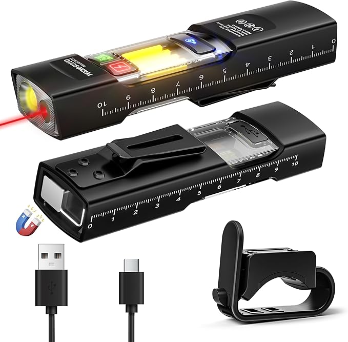 Rechargeable Flat Flashlight 680 Lumens Magnetic Clip On Hands Free Light for Car Repair Camping Emergency (Black)